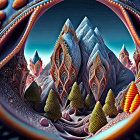 Vibrant fractal landscape with surreal mountains & patterned trees