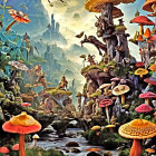 Fantasy landscape with oversized mushrooms, stream, and small figures on a sunny day