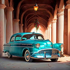 Vintage blue car parked in a decorated arched corridor with lanterns and a wreath, casting a