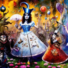 Colorful Alice in Wonderland characters in chaotic setting