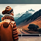 Person in Orange Jacket and Hat Contemplating Mountain Landscape on TV