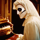 Person in white and gold skull mask costume at grand piano with lit candles