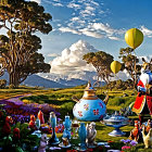 Surreal tea party with oversized teapot, cat in formal attire, colorful flora, and mountain