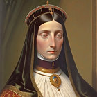 Regal woman portrait in jeweled crown, black veil, white dress.