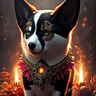 Digitally altered corgi with golden jewelry and glowing amulet in fiery bokeh.