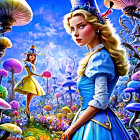 Colorful Alice in Wonderland illustration: Alice in blue dress, yellow character, giant mushrooms in fantasy forest