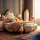 Luxurious Golden-Trimmed Bedroom with Plush Cushions and Elegant Lamps