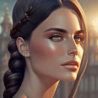 Digital artwork: Woman with braided hairstyle, glowing skin, earrings, warm-toned blurred background