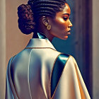 Cornrow-braided woman in satin robe with gold earrings