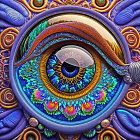 Detailed fractal human eye amidst colorful patterns