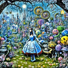 Fantasy scene with woman in blue dress surrounded by surreal creatures and orbs