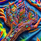 Colorful digital art: Hands releasing leaves and feathers on rainbow backdrop