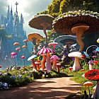 Colorful Giant Mushrooms in Fantasy Landscape with Winding Path to Castle