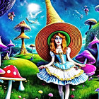 Colorful fantasy illustration of girl in blue dress with oversized hat among vibrant mushrooms and jellyfish in surreal