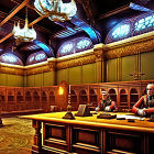 Ornate courtroom with wood paneling and stained glass windows