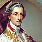 Historical portrait with ornate jacket, white vest, red sash, and jeweled crown.