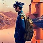 Stylized police officer in uniform with backpack gazing at sunset scenery