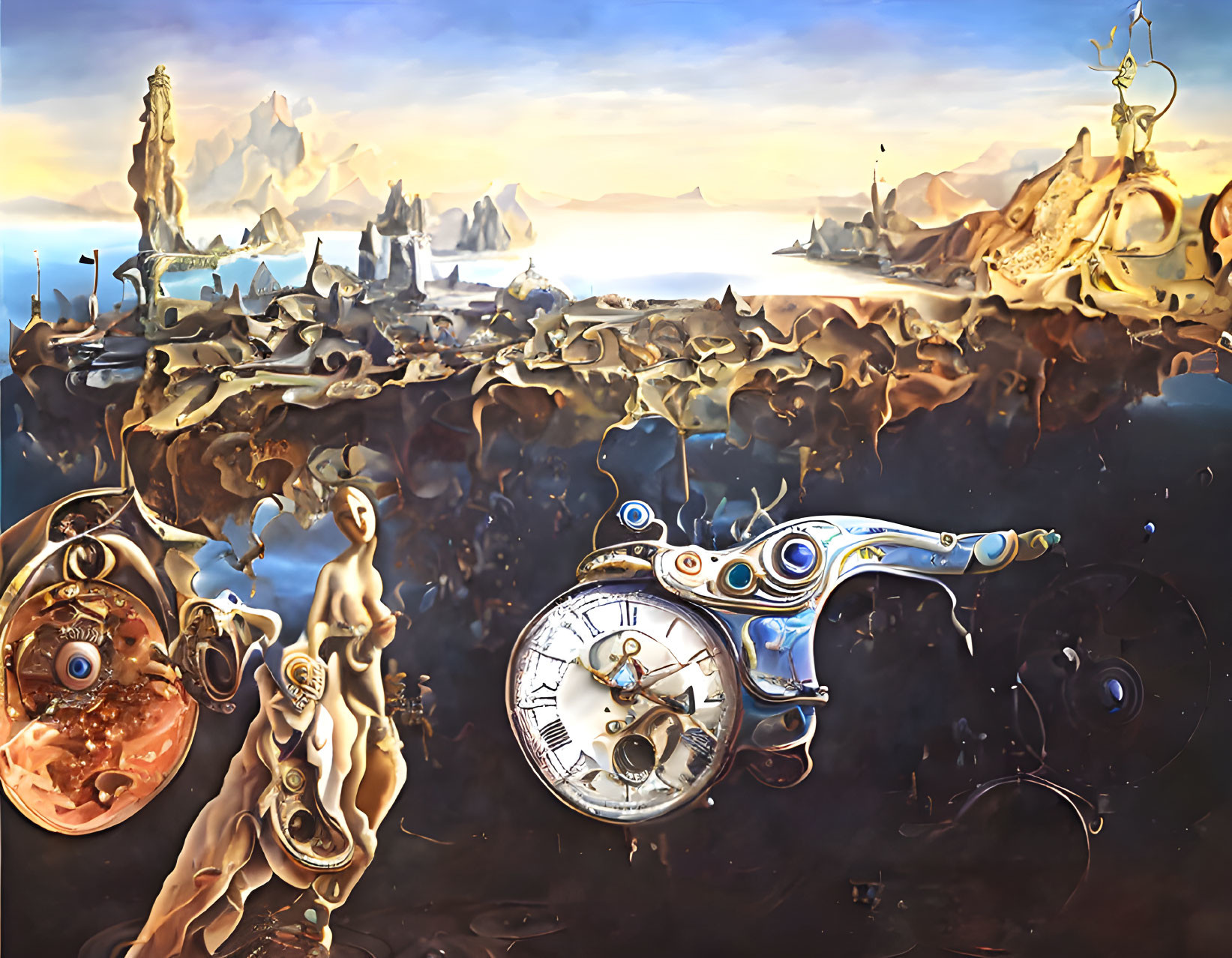 Surreal artwork: melting clocks, distorted landscape, clock revolver under cloudy sky