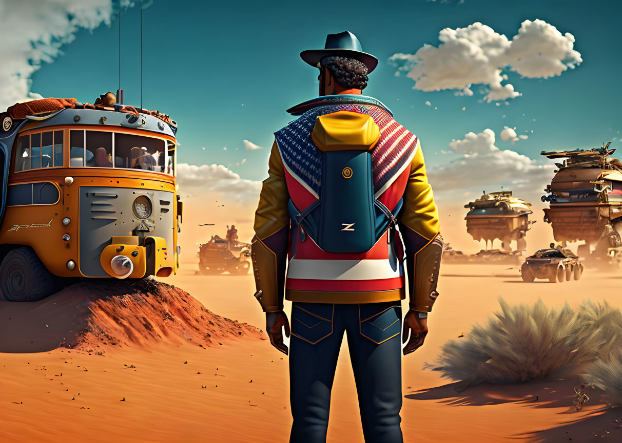 Cowboy hat character in stylish outfit in desert with futuristic vehicles.