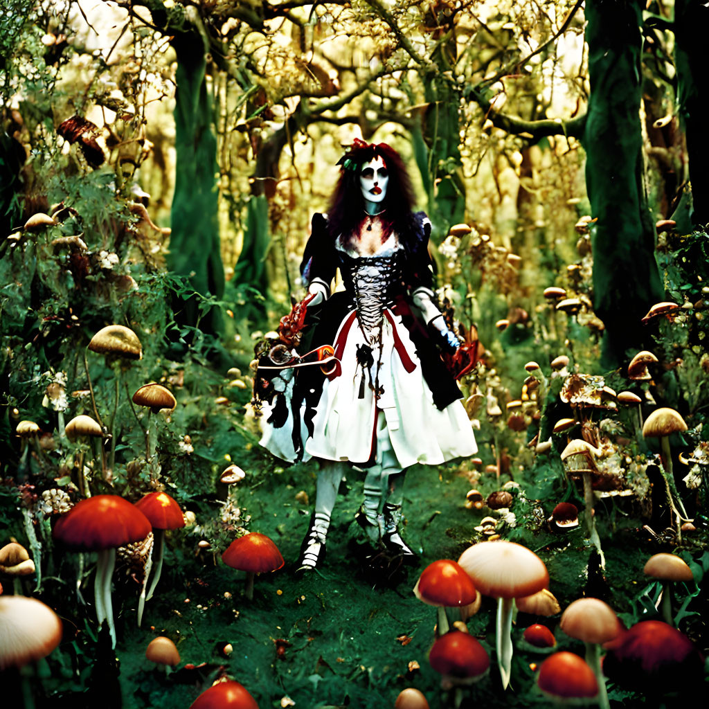 Elaborate Gothic Clown Costume in Forest with Orange Mushrooms