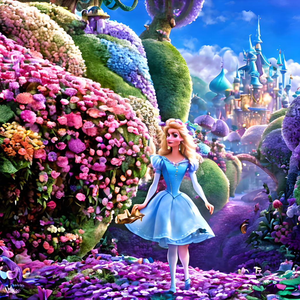 Blonde animated princess in blue dress in vibrant fantasy gardens