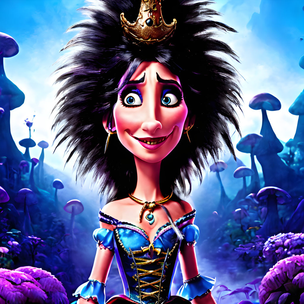 Colorful animated character with big black hair, crown, blue dress, earrings, and necklace in whims