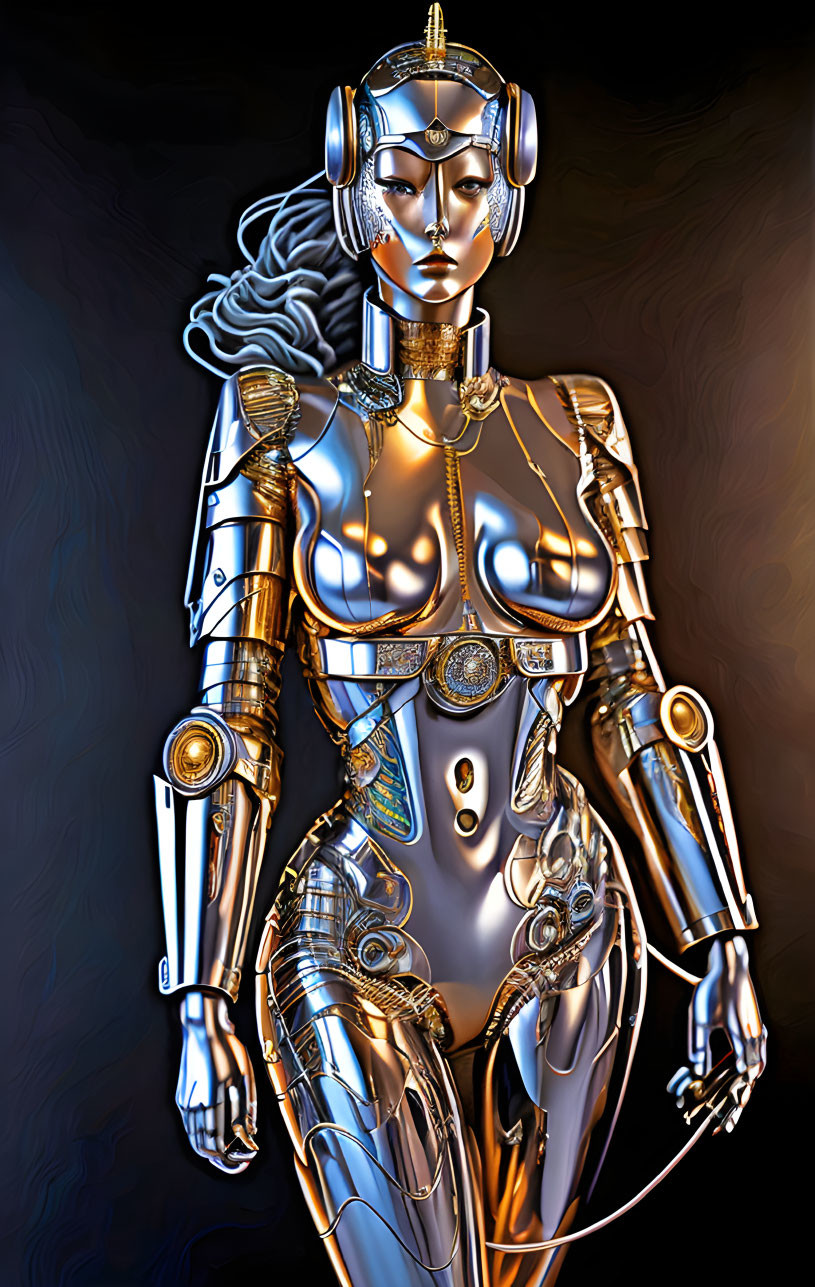 Detailed anthropomorphic female robot with golden and silver mechanical parts on dark background