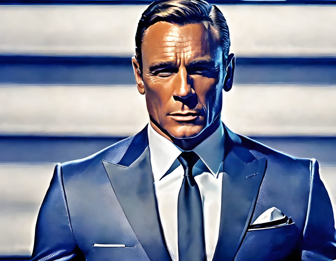 Stylized portrait of man in blue suit with confident expression