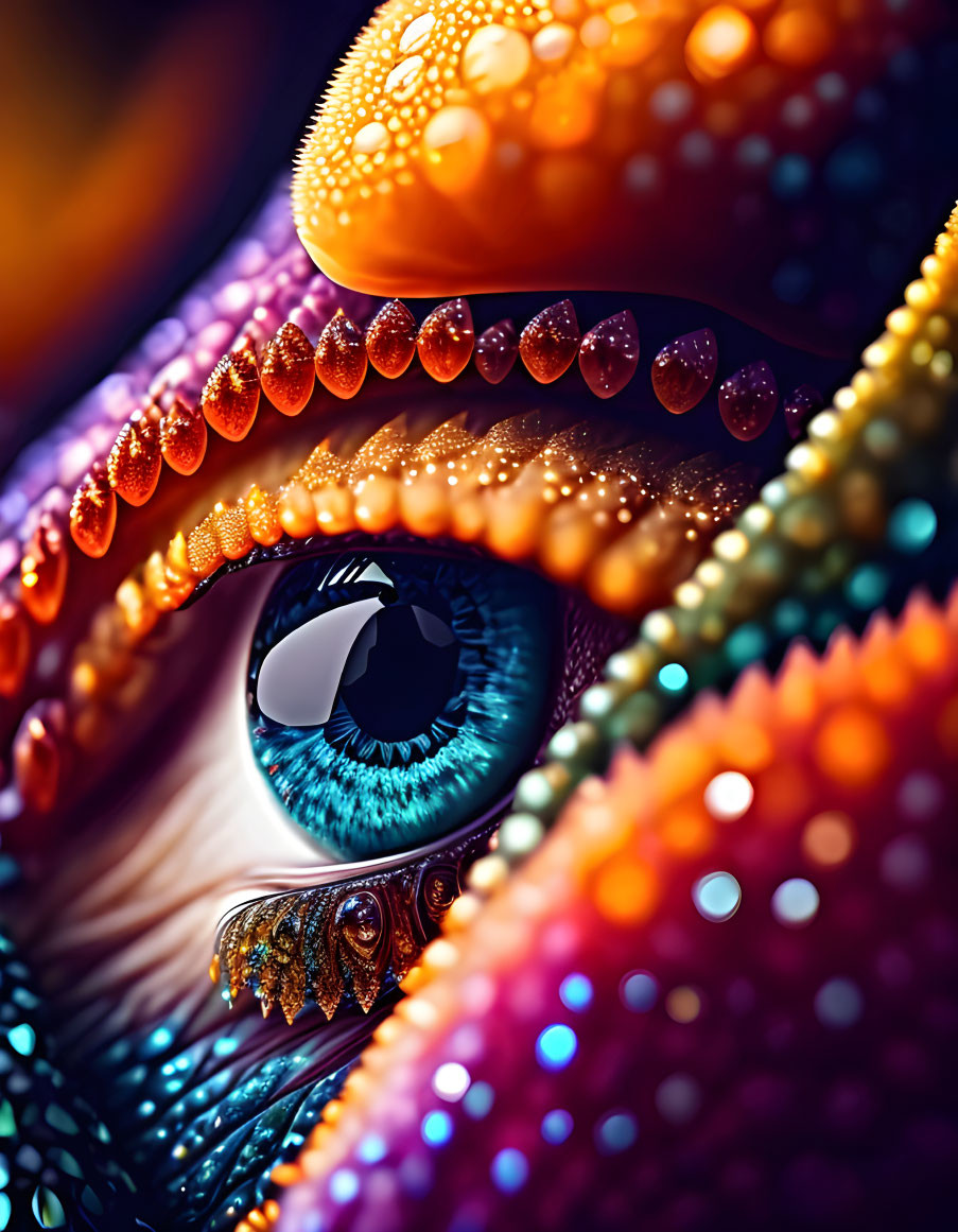 Colorful Stylized Eye with Exaggerated Eyelashes and Abstract Sea Creature Patterns