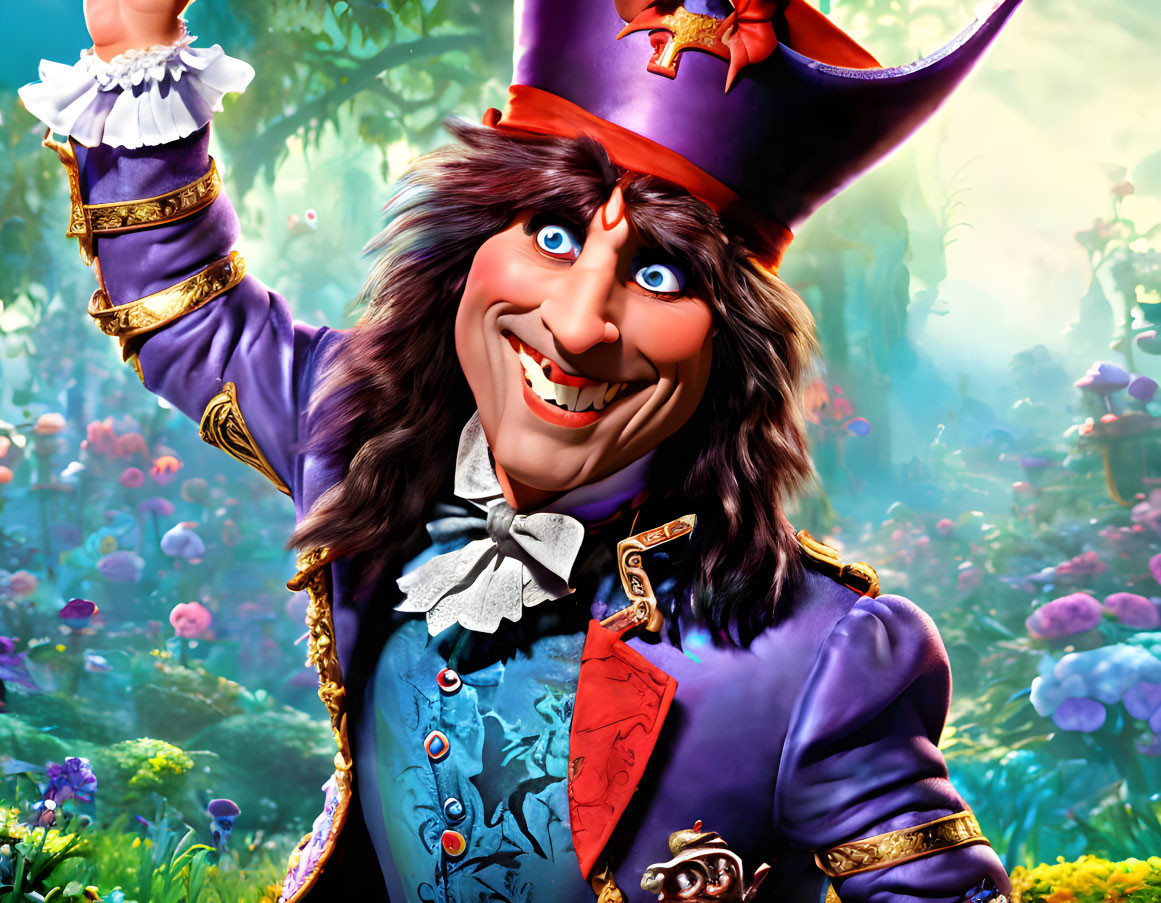 Colorful Mad Hatter in purple attire in fantastical garden