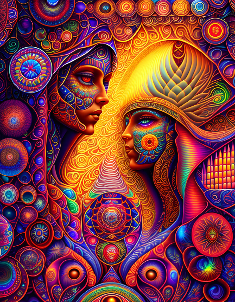 Colorful profile faces with intricate patterns in mystical setting