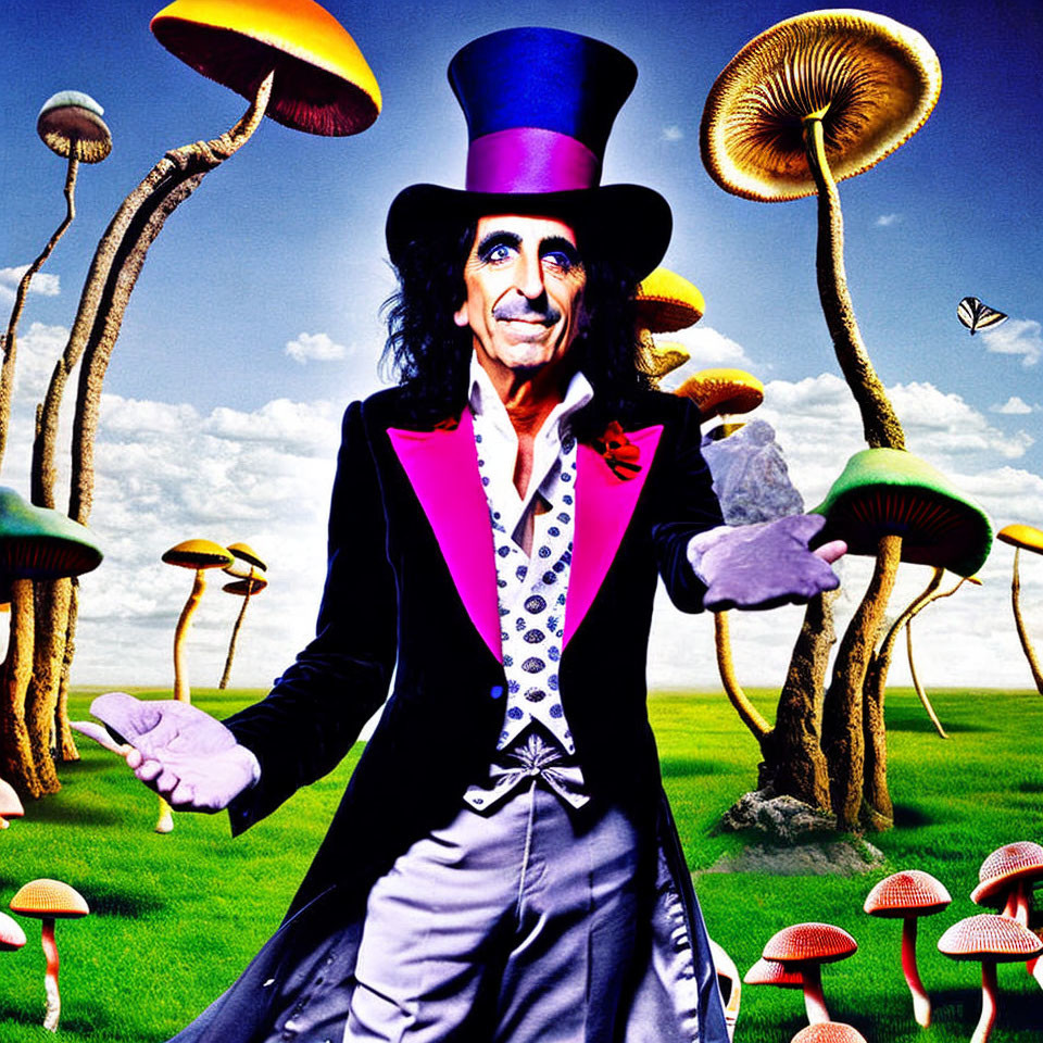 Colorful character in top hat among oversized mushrooms under blue sky