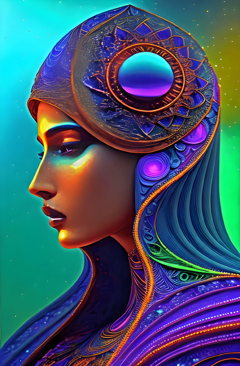 Colorful digital portrait of a stylized woman with ornate helmet and cosmic motifs