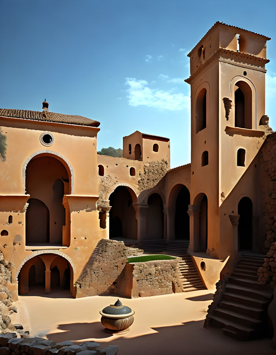 Tranquil courtyard with warm-hued walls and bell tower