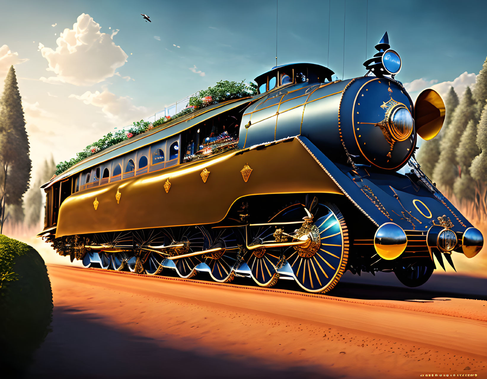 Vintage Golden Steam Train Travels Along Tree-Lined Track at Sunset