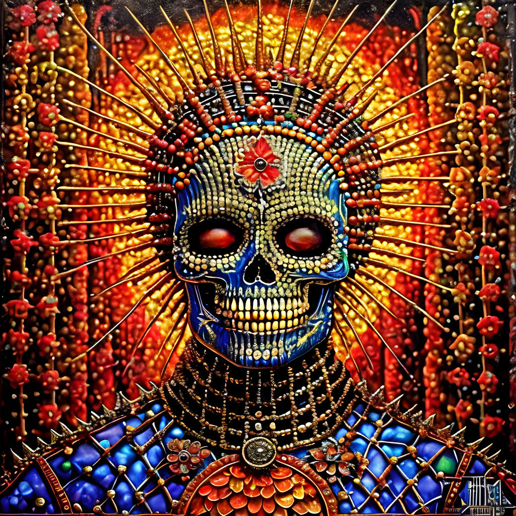 Colorful Skull Artwork with Glowing Red Eyes and Ornate Halo