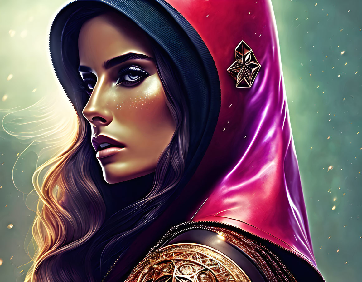 Colorful digital portrait of woman with hood and shoulder armor