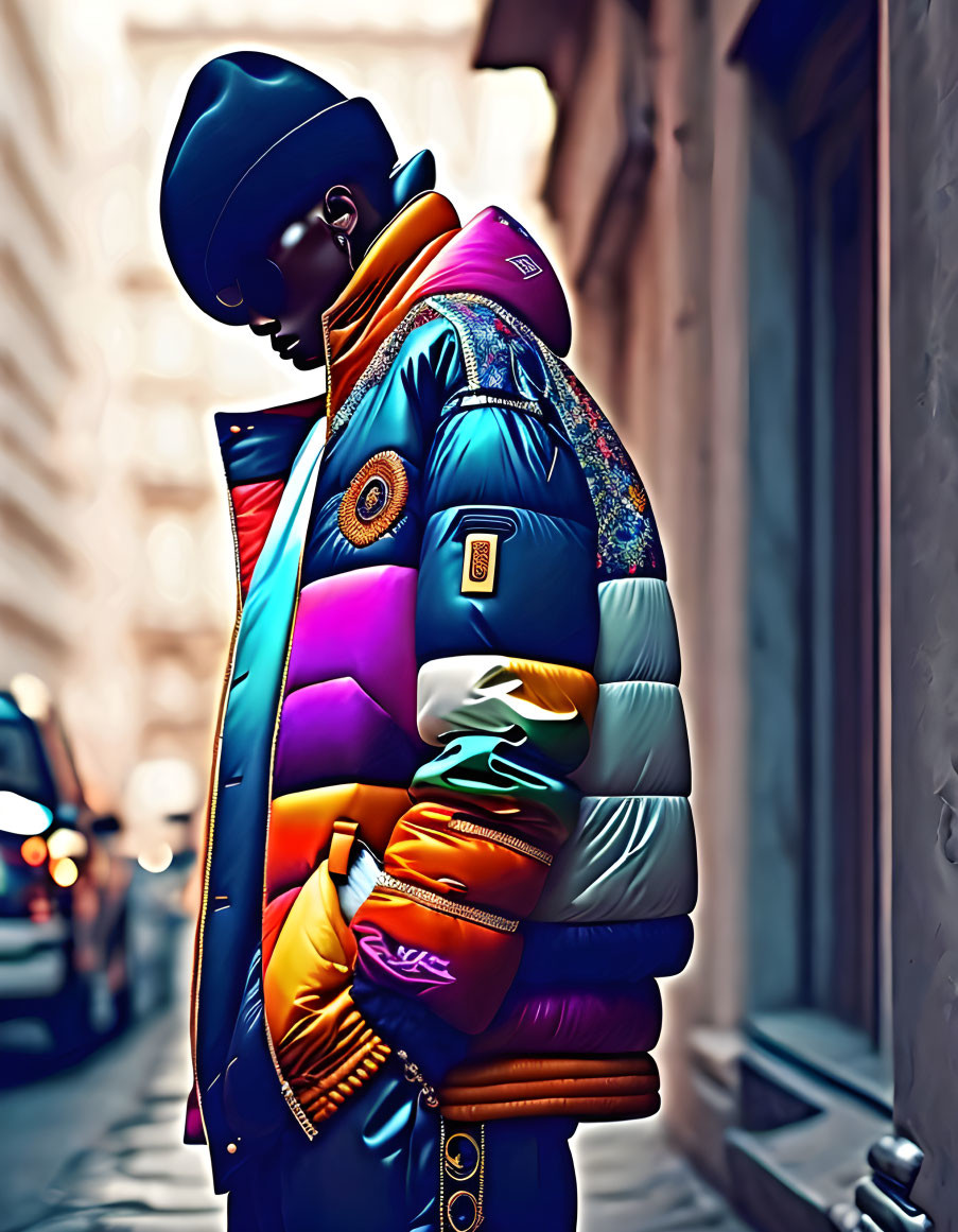 Colorful Puffer Jacket Person Overlooking City Street