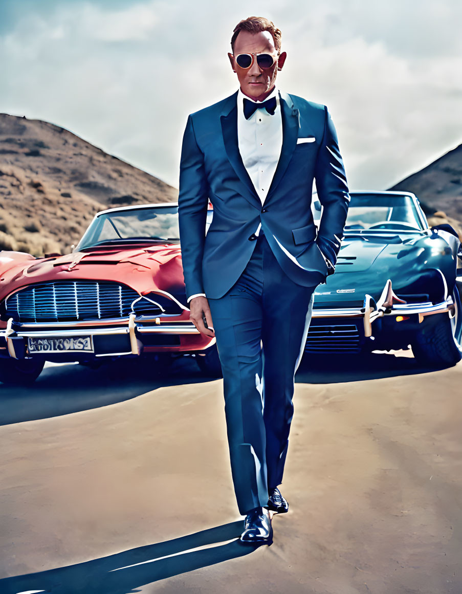 Stylish man in suit and bow tie by classic sports car on sunny day