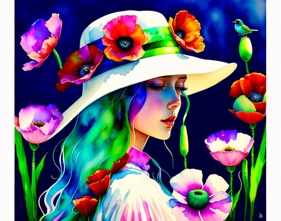 Vibrant illustration of woman with blue hair and flower hat among poppies.