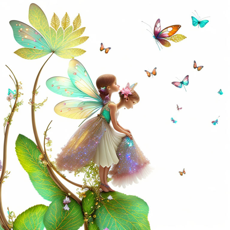 Whimsical fairy with translucent wings and butterflies on leafy branch