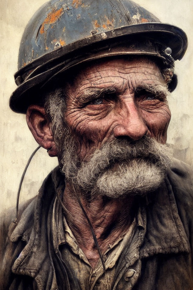 Elderly man with mustache in worn-out helmet and work clothes gazes into distance