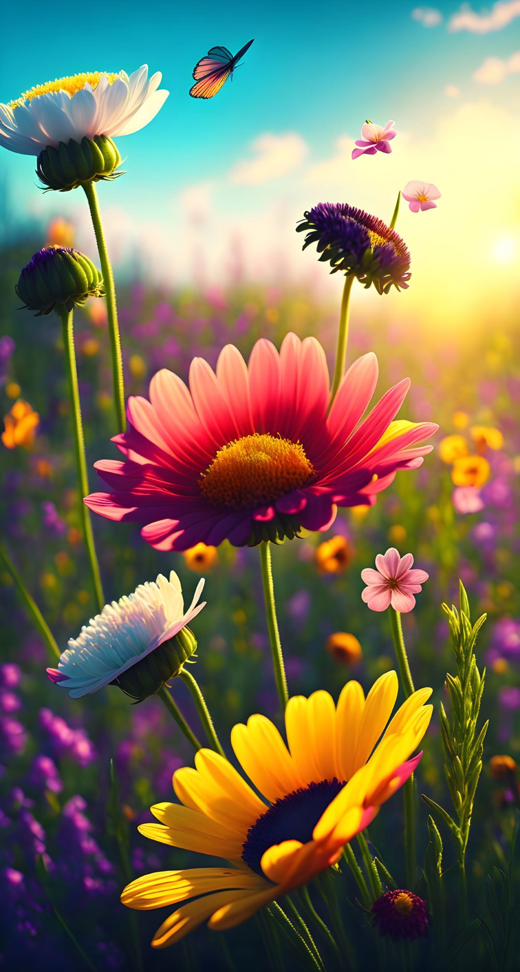 Colorful Wildflowers and Butterflies in Sunlit Meadow