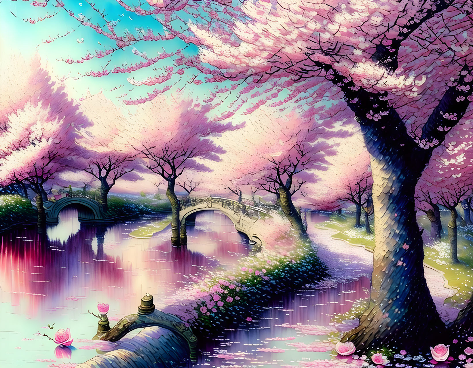 Tranquil pink cherry blossom park with river and bridges