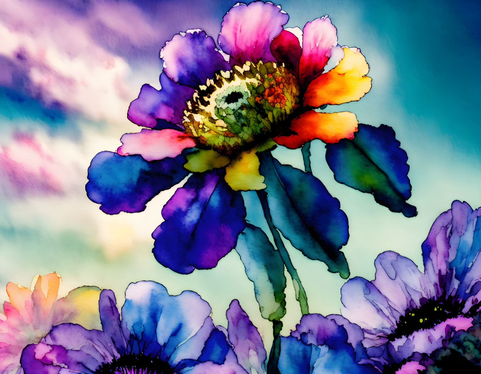 Colorful watercolor flower painting on tie-dye sky background