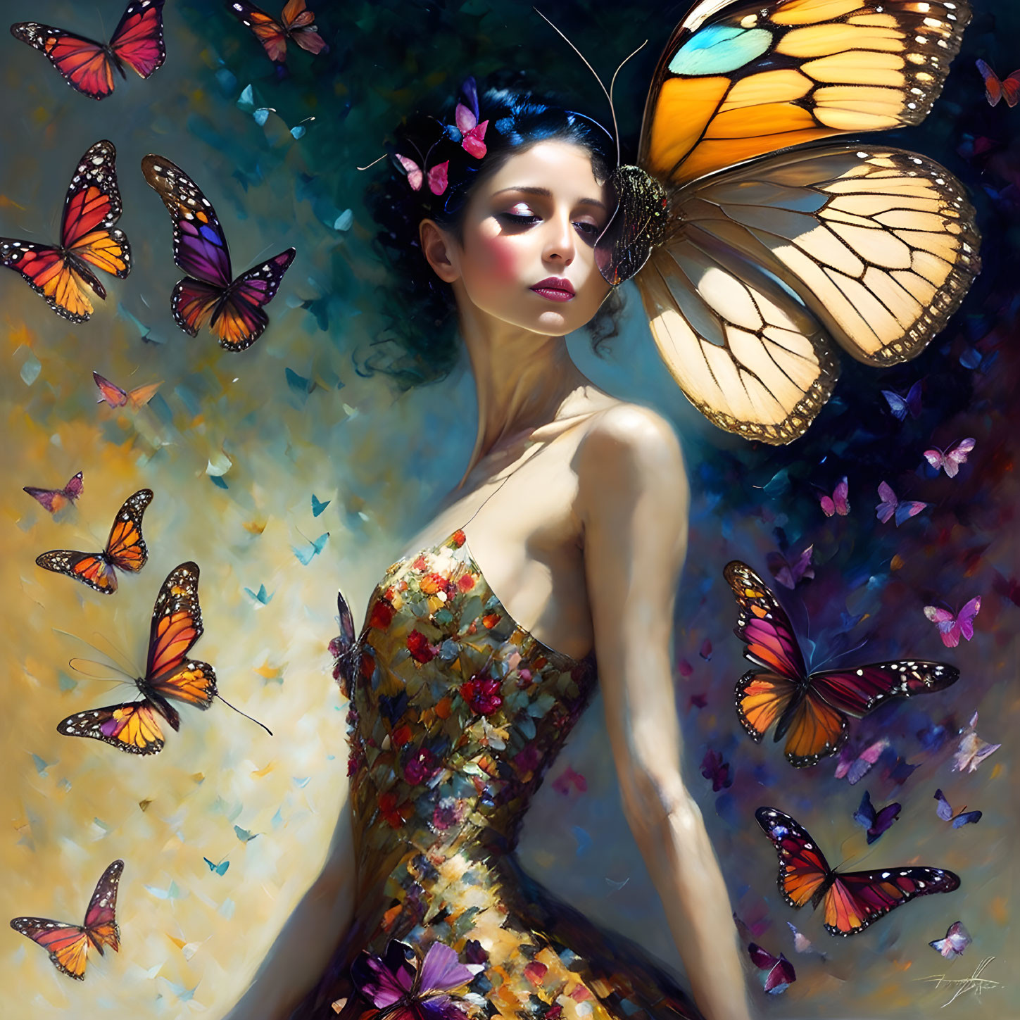 Woman in butterfly-themed dress surrounded by colorful butterflies in sunlit setting