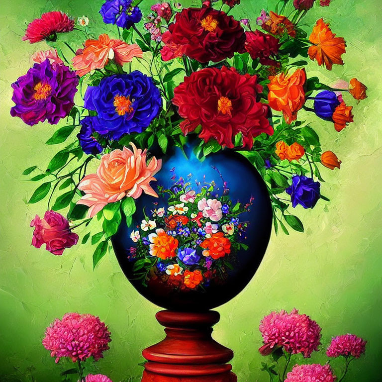 Colorful Flower Bouquet Still-Life Painting on Textured Green Background