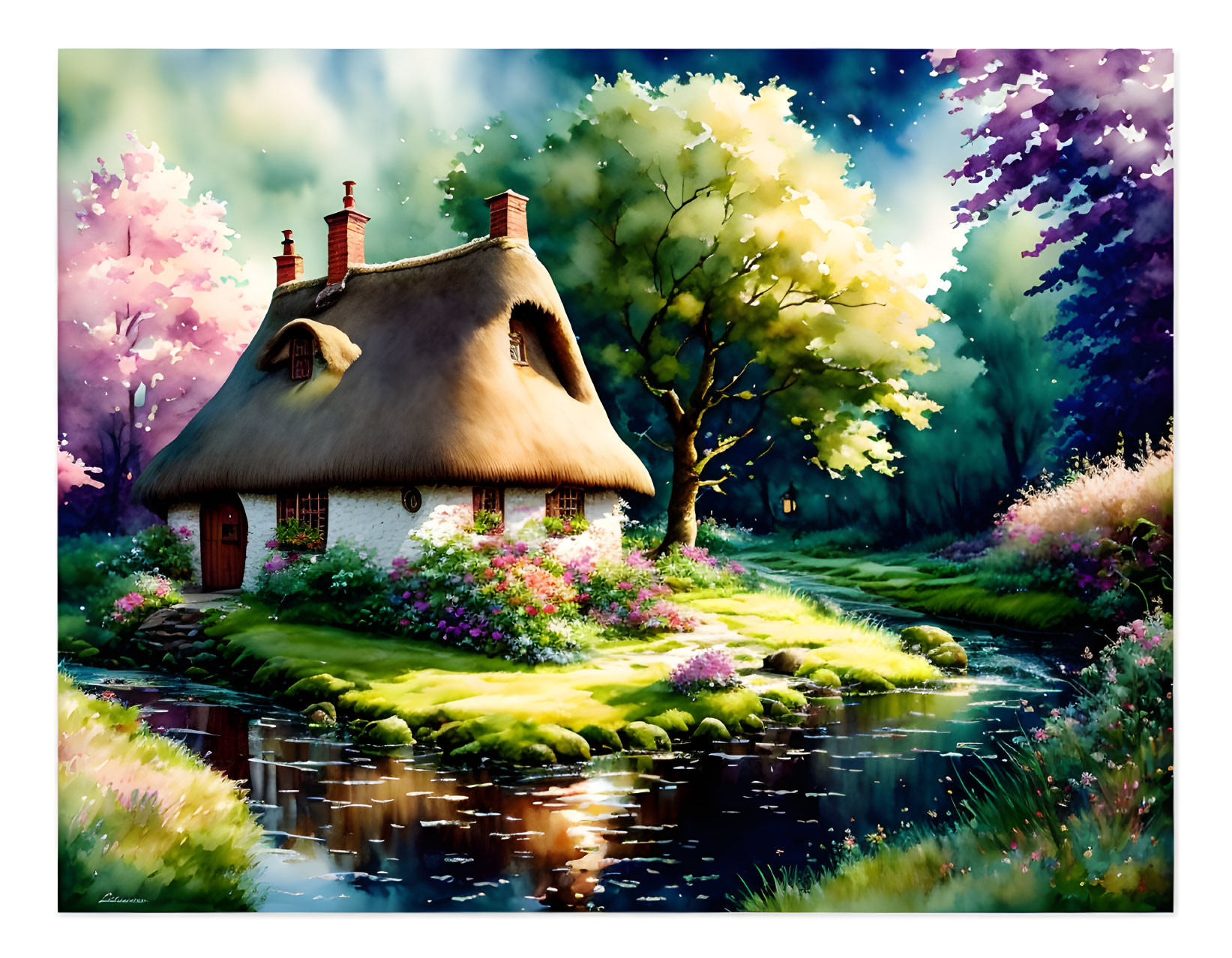 Thatched-Roof Cottage Surrounded by Blooming Gardens and Serene Stream