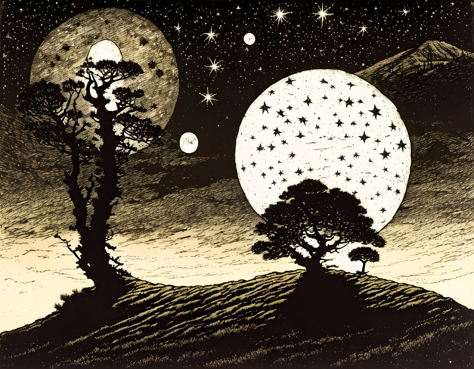 Illustration of two trees under three moons in surreal black and white art