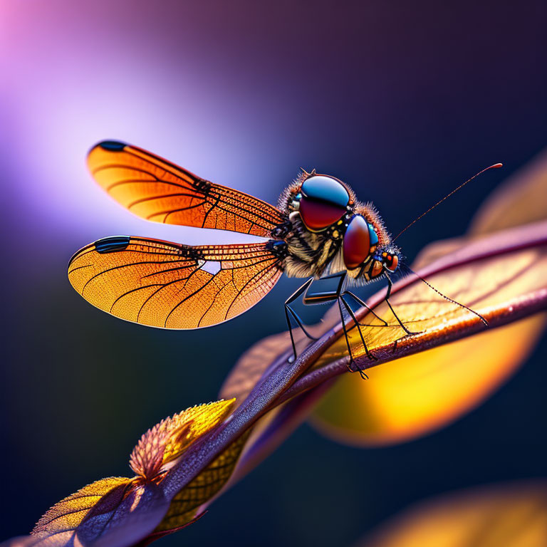 Close-up of vibrant dragonfly on leaf with delicate wings and iridescent body.